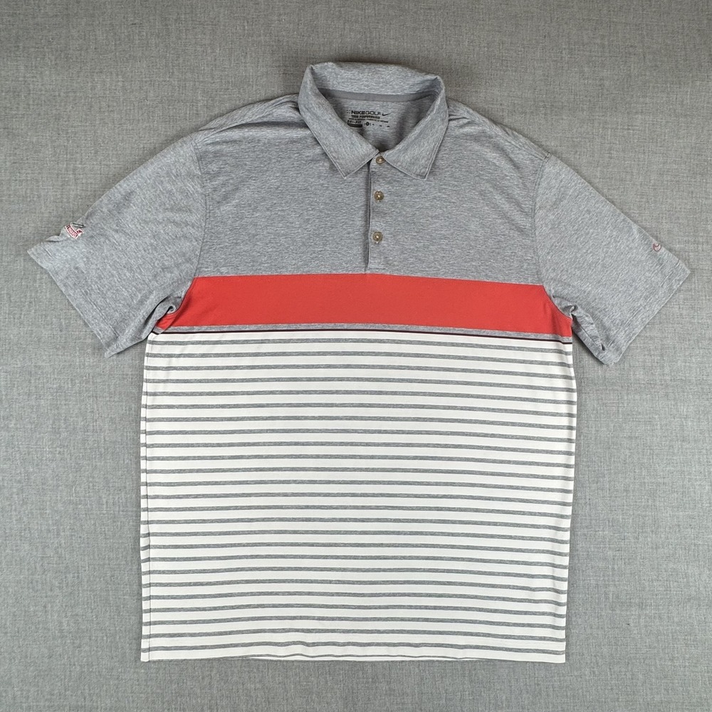 Nike Strawberry Farms Polo Shirt Mens XL Gray Red Stripe Golf Dri-FIT 481811-066